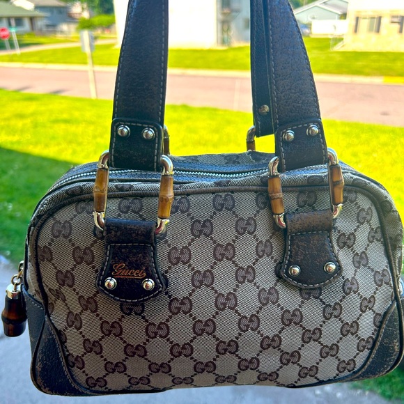 Gucci Handbags - Gucci Bamboo Accent Monogram GG Boston Tote Bag